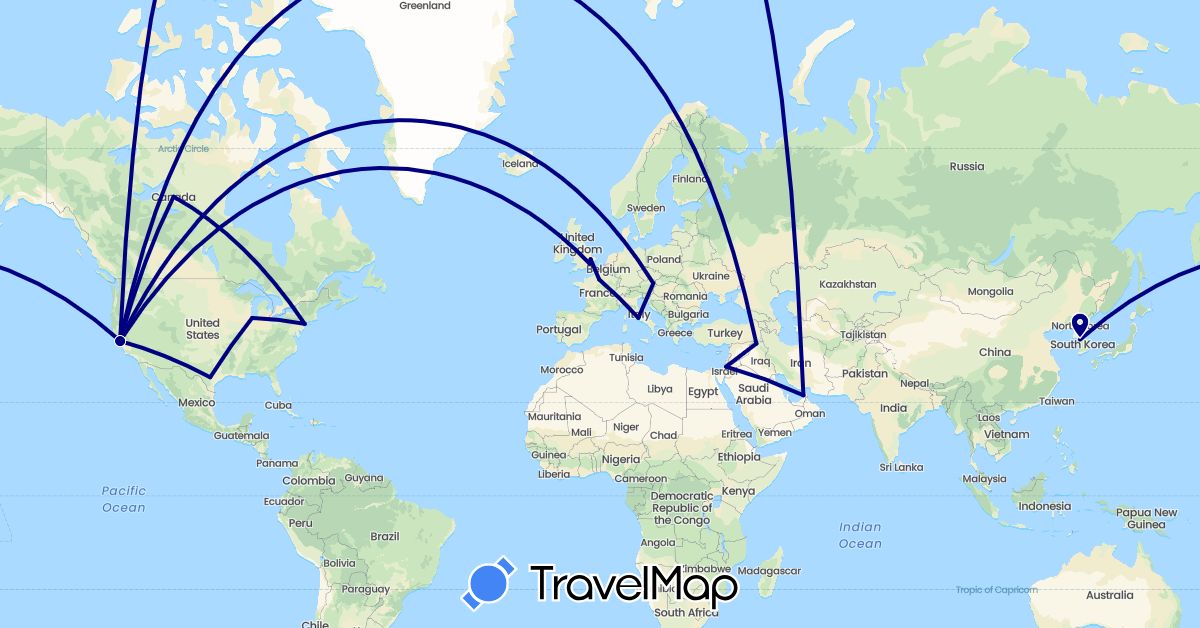 TravelMap itinerary: driving in United Arab Emirates, Austria, Canada, France, United Kingdom, Israel, Iraq, Italy, South Korea, United States (Asia, Europe, North America)